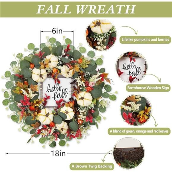 18 Inch‎ Fall Wreath - Autumn Pumpkin & Eucalyptus Wreath for Door, Mantel, Wall - Picture 4 of 7